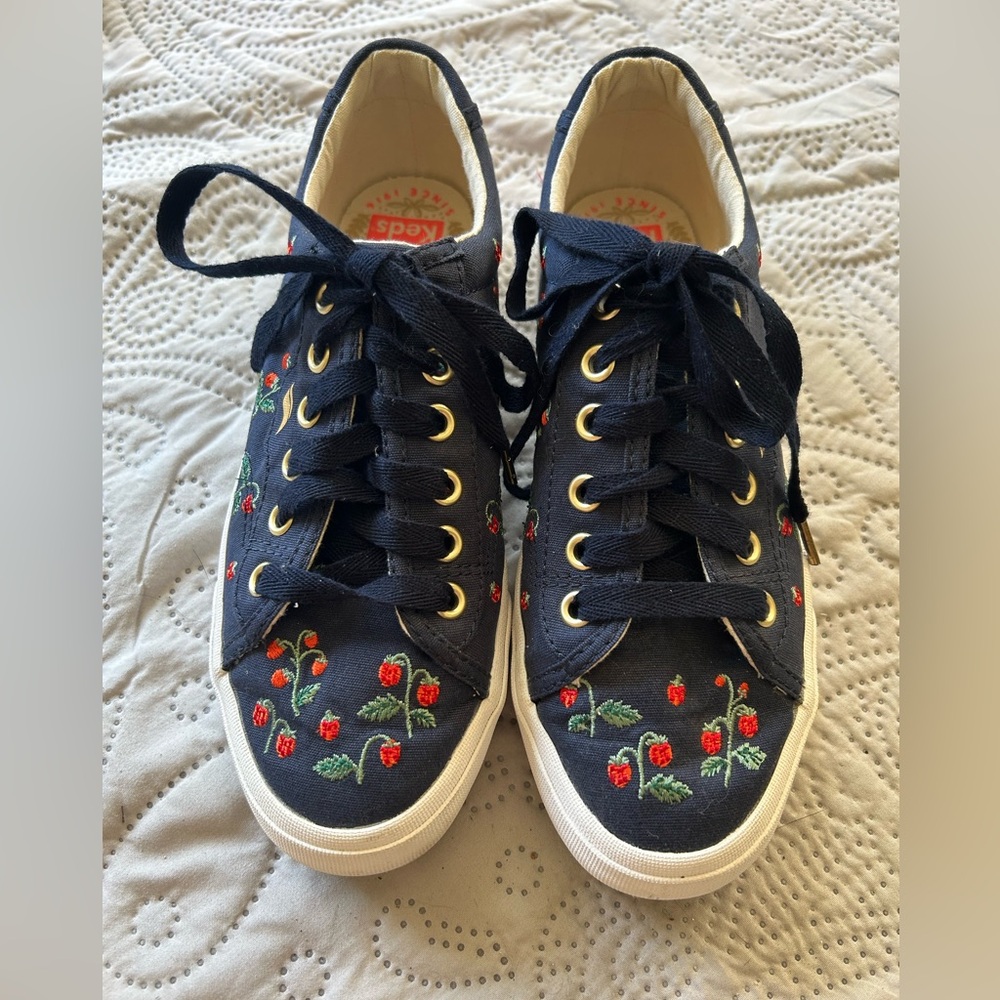 Keds X Rifle Paper Co navy sneakers with strawberries. Great shape! Size 6